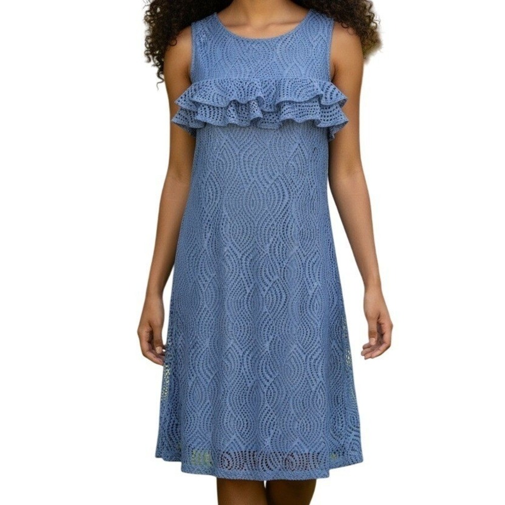 LILLY PULITZER Blue Janine Peri Flowing Leaf Eyelet Lace Ruffle Shift Dress S